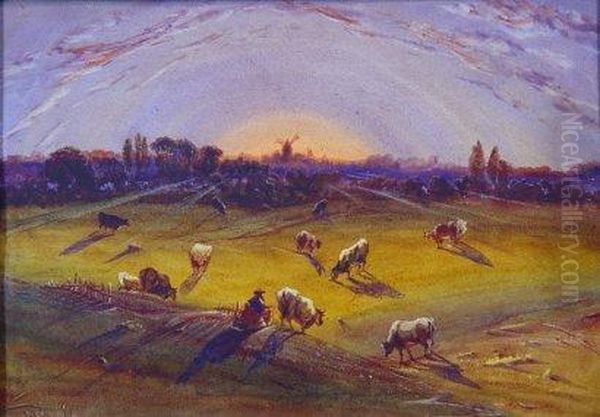 Vaches Aux Paturages Et Moulin Au Soleilcouchant Oil Painting by Antoine-Desire Heroult