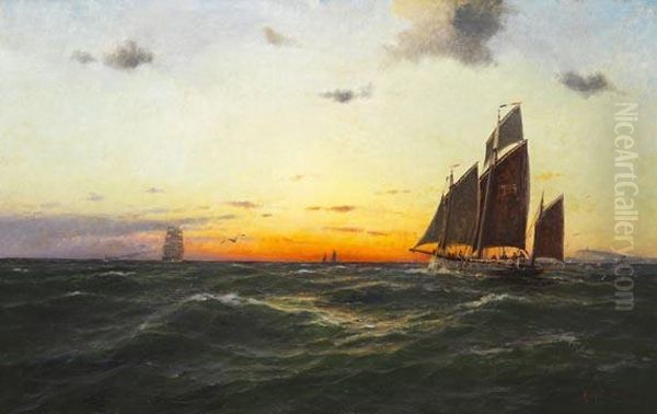 Groser Segelkutter Und Andere Schiffe Vor Steilkuste Oil Painting by Franz Carl Herpel