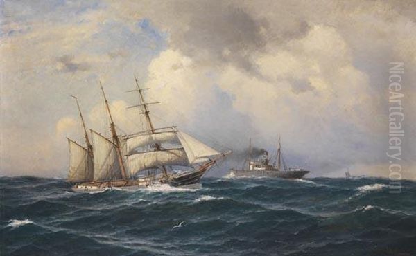 Eindreimast-topsegelschoner Begegnet Einem Dampfer Auf Hohersee Oil Painting by Franz Carl Herpel