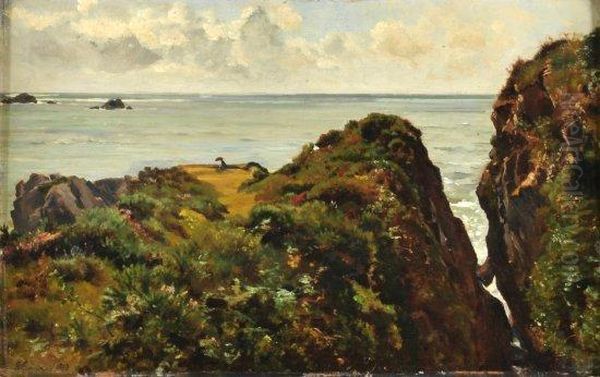 Peintre Au Bord D'une Falaise, Gouffre A Jersey Oil Painting by Leon Pierre Herpin