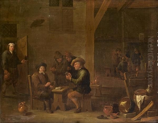 A Tavern Interior With Figures Playing At Cards Oil Painting by Hendrick Herregouts