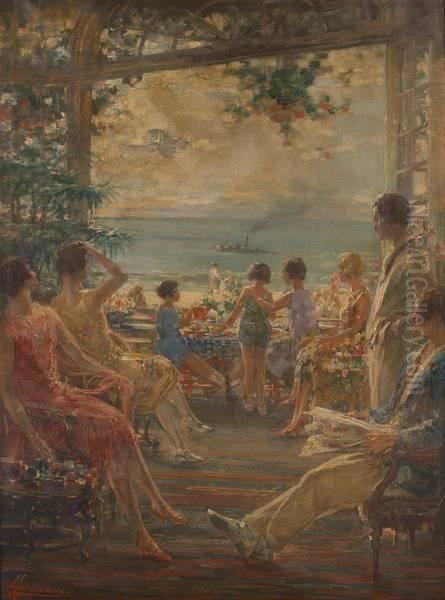 Famille Sous La Pergola Oil Painting by Lievin Herremans