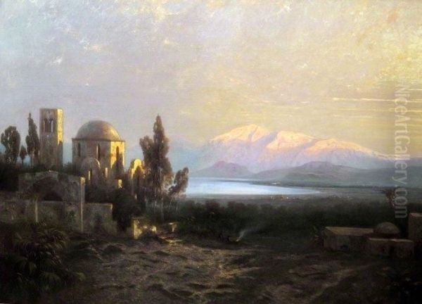 Blick Auf Die Ebene Von Paphos, Im Hintergrund Der Olymp Oil Painting by Johann Andreas Herrenburg