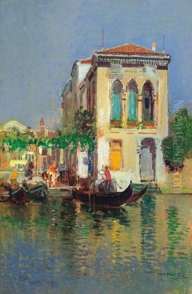 Gondoliers In Venice Oil Painting by Cesar Maria Herrer Marcher