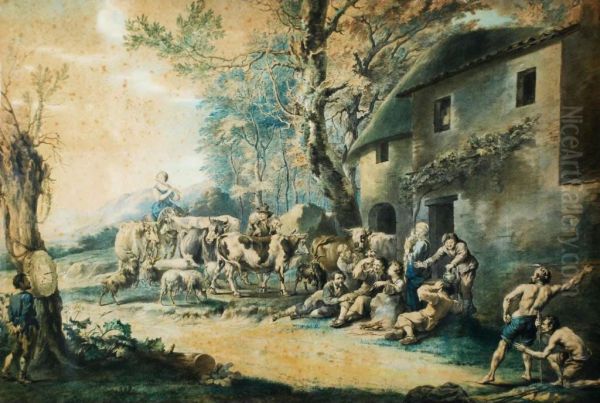 Exterior Of A Country Inn With Numerous Figures Oil Painting by Willem Jacob Herreyns