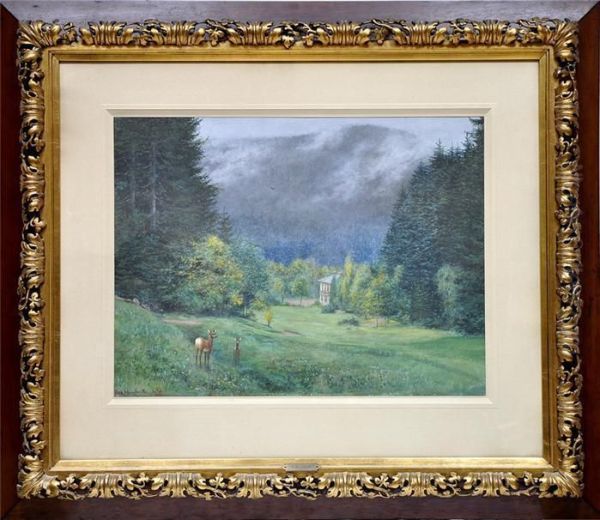 Nebelverhangene Waldhange Mit Rotwild Und Anwesen Im Tal Oil Painting by Oskar Herrfurth