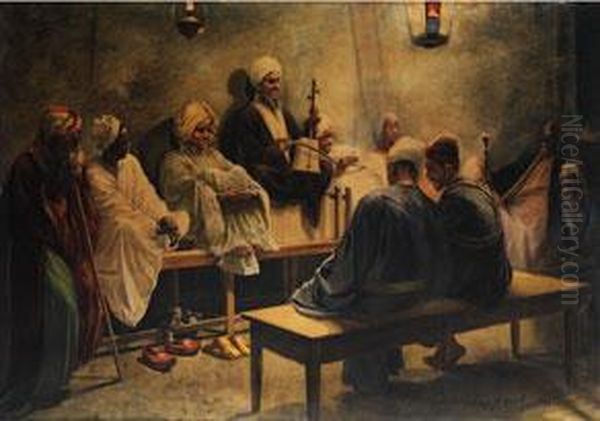 Orientalisches Interieur Mit Arabern, Einem Musikanten Lauschend Oil Painting by Oskar Herrfurth