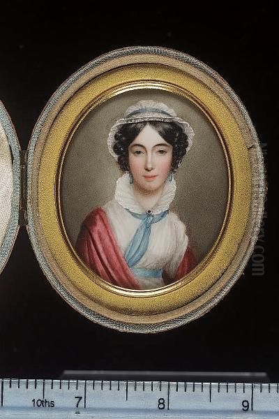 Julia M. Herries, Wearing White Dress With Blue Waistband And Neck-tie, A Gold Brooch At Her Collar, Red Shawl Around Her Shoulders, Drop Blue Earrings, A White Cap Over Her Dark Curled Hair Oil Painting by Isabella Herries