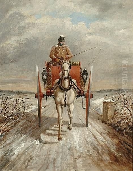 A Horse And Carriage In A Winter Landscape Oil Painting by Benjamin Herring