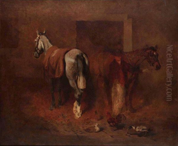 Two Horses With Groom In Stable Oil Painting by Benjamin Herring