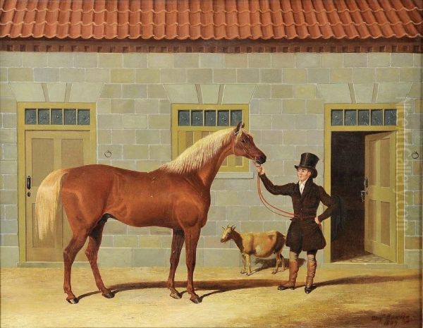 Burgundy By Usquebaugh Out Of Calendaloe With Groom And Goat In Stableyard Oil Painting by Benjamin Herring, Jnr.