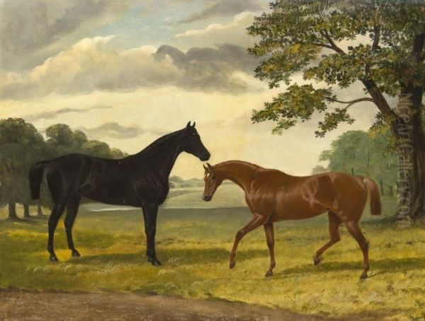 Two Horses In A Landscape Oil Painting by John Frederick Herring Snr