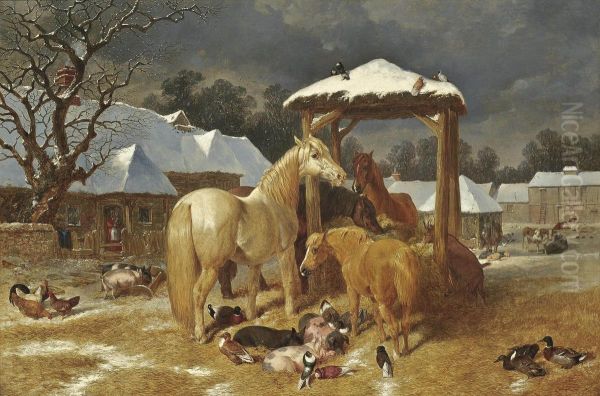 A Winter Feed Oil Painting by John Frederick Herring Snr