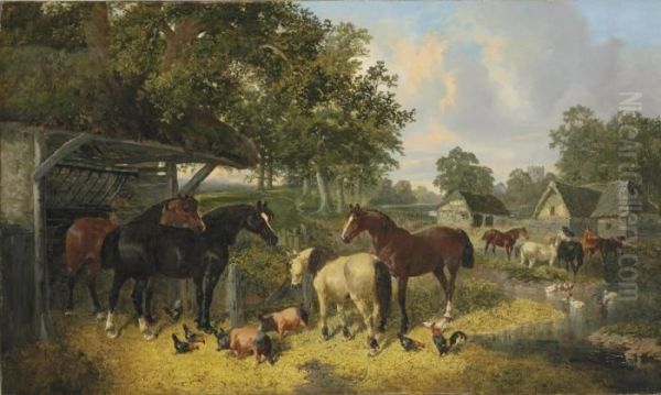 Horses, Pigs And Chickens In A Farmyard Oil Painting by John Frederick Herring Snr