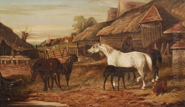 Horses And Foals In A Farmyard Oil Painting by John Frederick Herring Snr