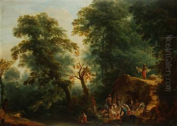 Travellers In A Landscape Oil Painting by Johann Andreas Herrlein