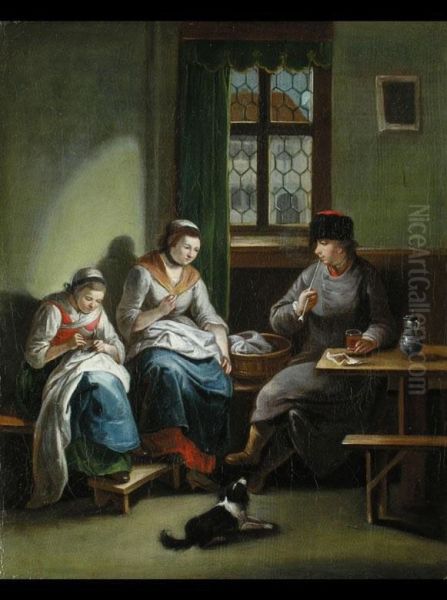 Interieur Mit Zwei Stopfenden Frauen Und Eines Pfeife Rauchenden Mannes Oil Painting by Johann Andreas Herrlein