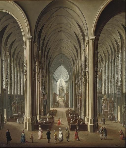 A Gothic Church Interior With A Mass In Progress Oil Painting by Johann Andreas Herrlein