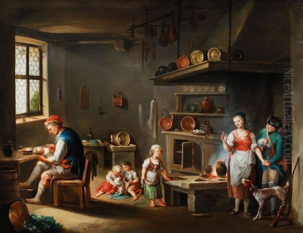 Bauernfamilie Und Ein Jager In Der Kuche Oil Painting by Johann Andreas Herrlein