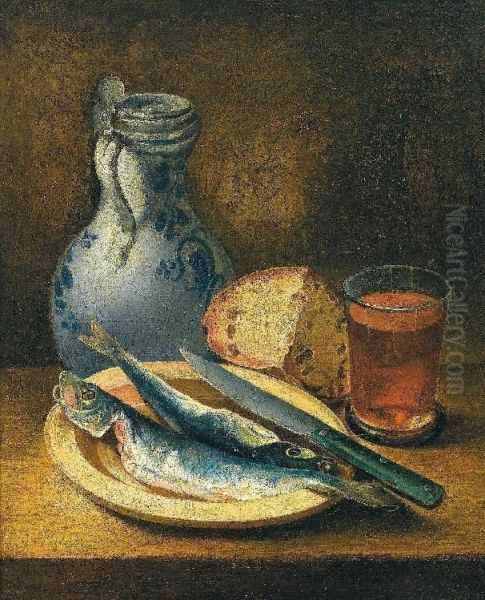 Stilleben Mit Heringen, Brot, Krug Und Glas Oil Painting by Johann Andreas Herrlein