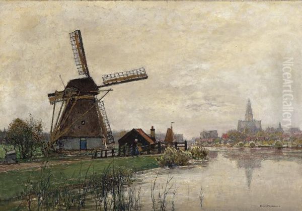 Activity By A Mill With A City In The Background Oil Painting by Hans Herrmann