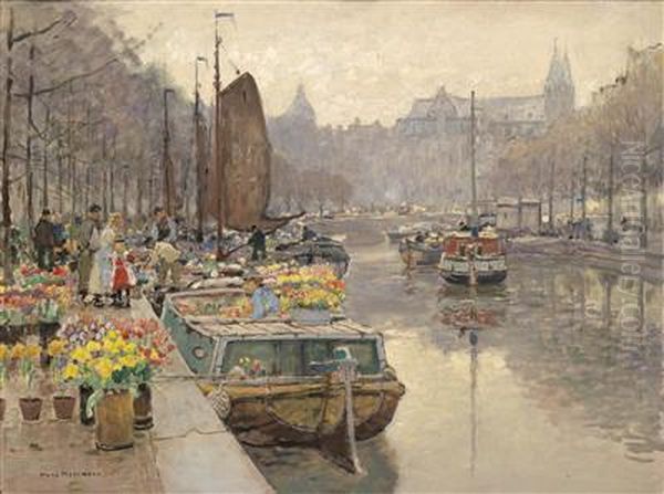 Flower Market Oil Painting by Hans Herrmann