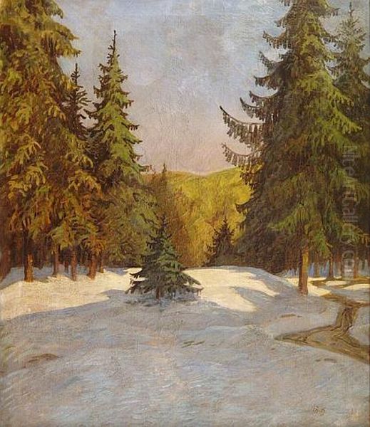 Winterlandschaft Im Schwarzwald Mit Hohen Fichten Oil Painting by Theodor Herrmann