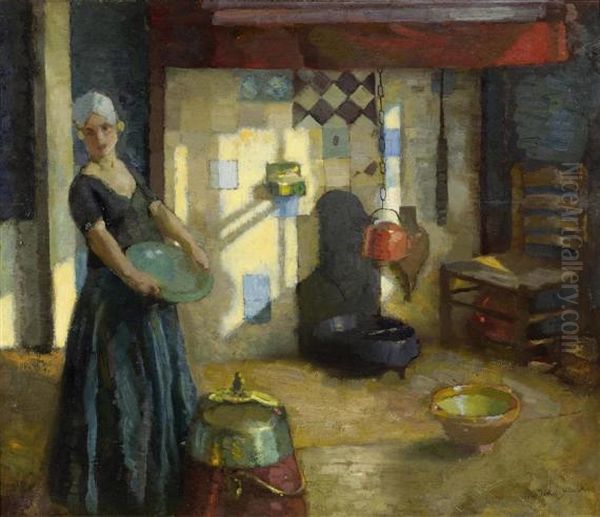 Lady In Kitchen Interior Oil Painting by Otto John Herschel