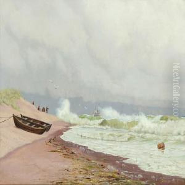 Costal Scenery From Orhage With Shipwreck Oil Painting by Oscar Herschend