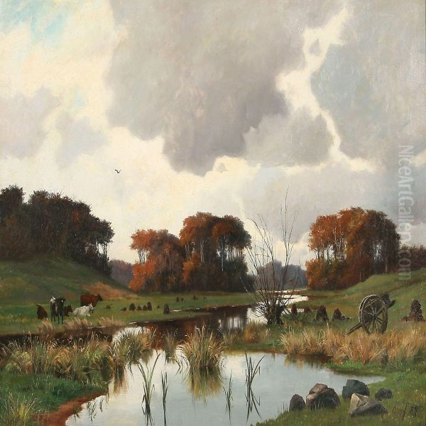 Autumn Landscape With Grazing Cattle Near A River Oil Painting by Oscar Herschend