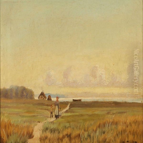 Landscape With A Mother And Child Ona Field Path Oil Painting by Oscar Herschend