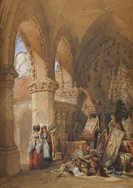 Jeunes Femmes Visitant Un Tresor Medieval Oil Painting by Emile A. Herson