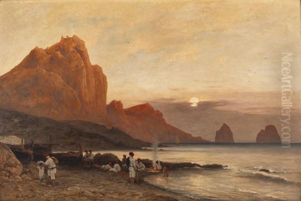 Insel Capri Mit Italienischen Fischern Oil Painting by Albert Hertel