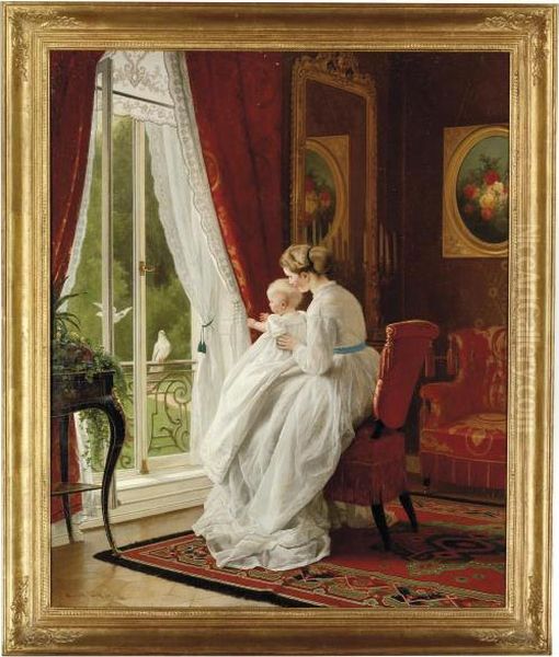 A Mother And Child Watching Doves At A Window Oil Painting by Carl Konrad Hertel