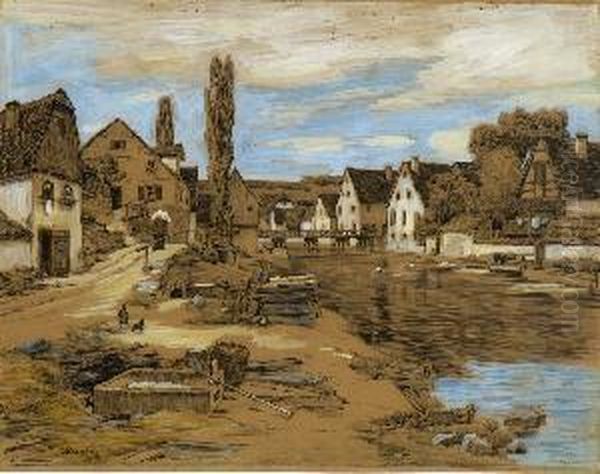 Dorf An Der Pegnitz. Oil Painting by Wilhelm Jakob Hertling