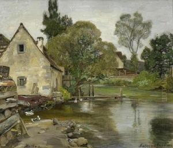 Am Dorfweiher. Oil Painting by Wilhelm Jakob Hertling