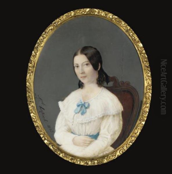 A Young Lady, In White Dress With Blue Bow At Corsage And Blue Belt, Seated With Her Right Arm On Her Lap, Dark Hair, Gold Earring Oil Painting by Michel Hertrich