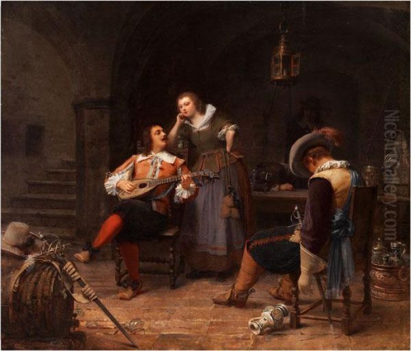 Der Lautenspieler Im Weinkeller Oil Painting by Axel Gustav Hertzberg