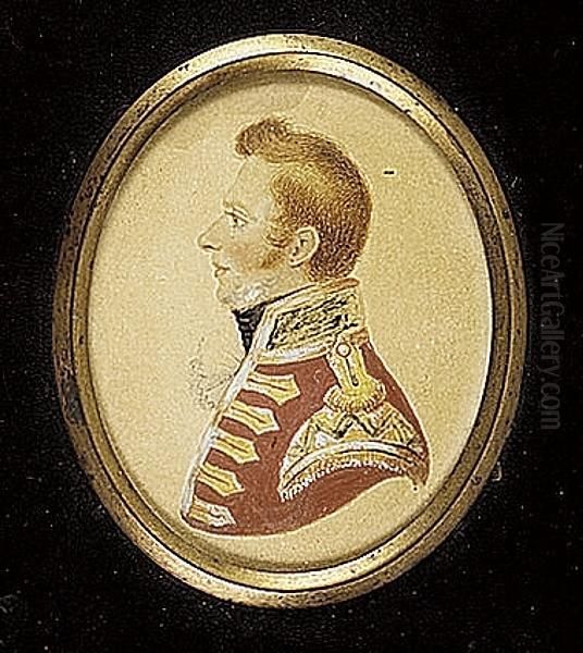 An Officer, Perhaps Of A Regiment Of Guards, Profile To The Left, Wearing Scarlet Coat With Single Spaced Bastion-ended Lace Across The Chest And Gold Wings With A Blue Zig-zag Decoration Above The Fringe Oil Painting by Charles Herve