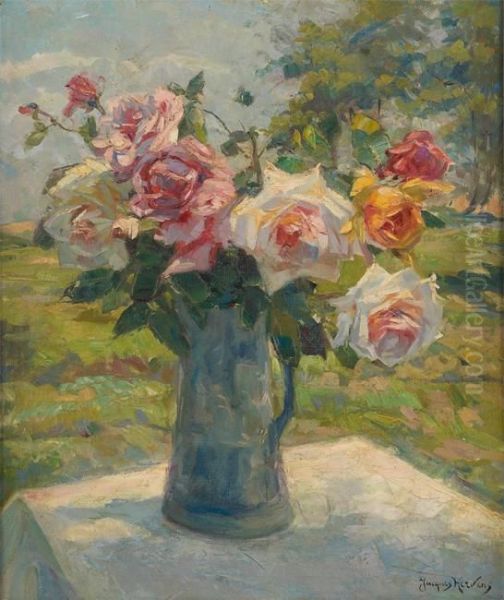 Pichet Fleuri De Roses Oil Painting by Jacques Hervens