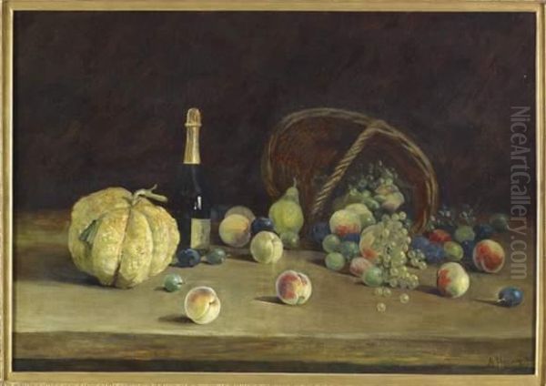 Nature Morte Aux Fruits Et A La Bouteille De Champagne Oil Painting by A. Hervez