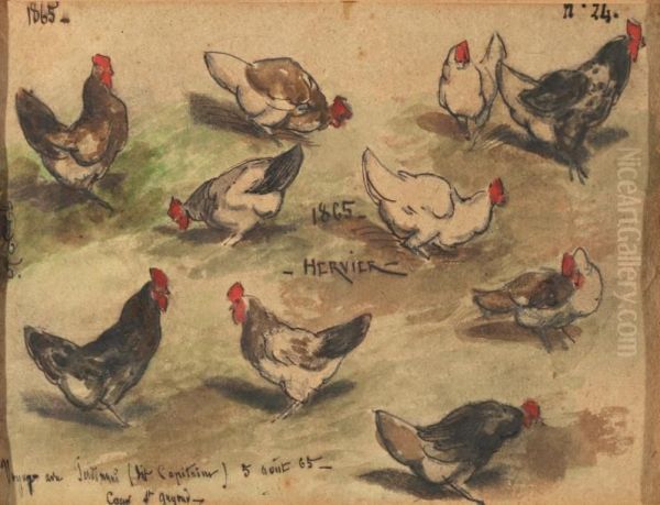 Etude De Poules Oil Painting by Louis Adolphe Hervier