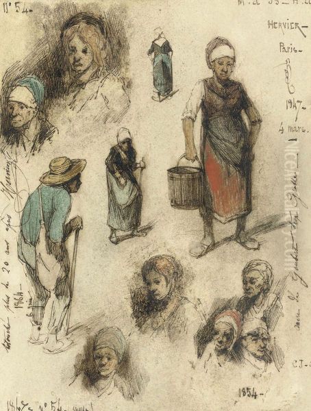 Head And Figure Studies Oil Painting by Louis Adolphe Hervier