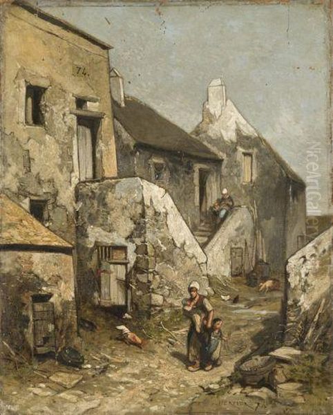 Rue De Village Anime Oil Painting by Louis Adolphe Hervier