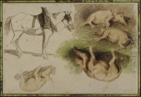 Etudes De Cheval Et De Cochons Oil Painting by Louis Adolphe Hervier