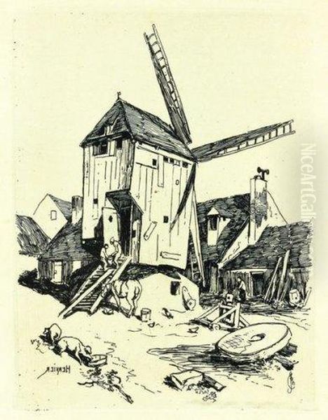 Moulin A Vent Oil Painting by Louis Fr. Adolphe Hervier