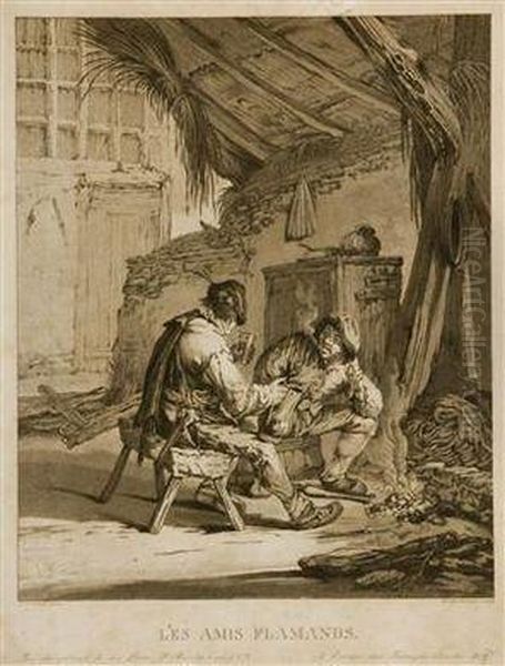 Two Engravings After Adrian Van Ostade; Les Amis Flamands Oil Painting by Antonin Herzinger