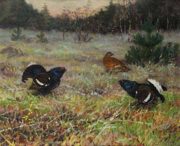 Grouse At Their Matting Site Oil Painting by Ludvik Herzl