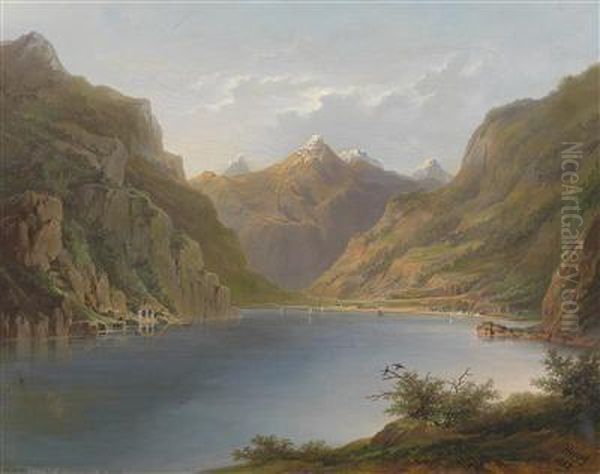 Lake Lucerne With View Of The Tell Chapel Oil Painting by Herman Herzog