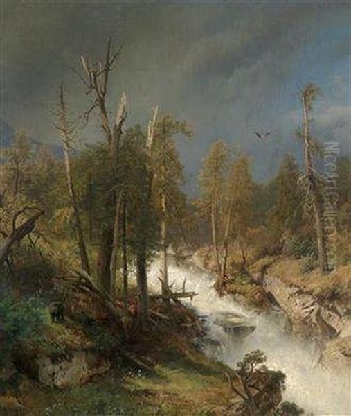 Waterfall In The Mountains Oil Painting by Herman Herzog